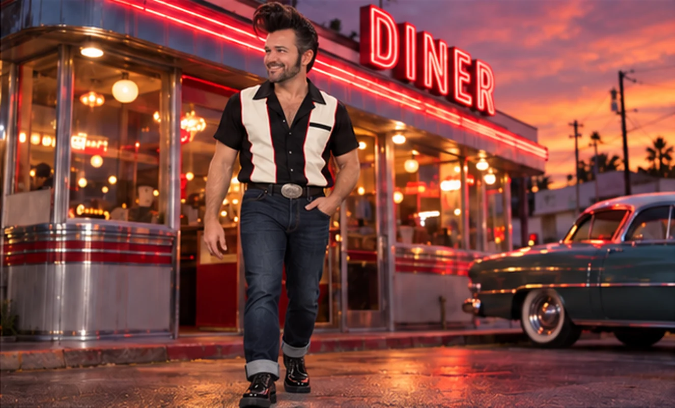 Bennie Bravo walking out of a neon-lit roadside diner at dusk, a teal fifties sedan parked out front
