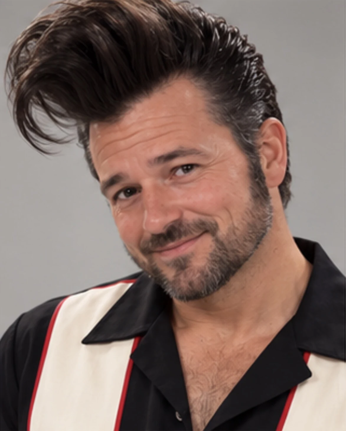 Bennie Bravo smirking at the camera in his black-and-cream bowling shirt